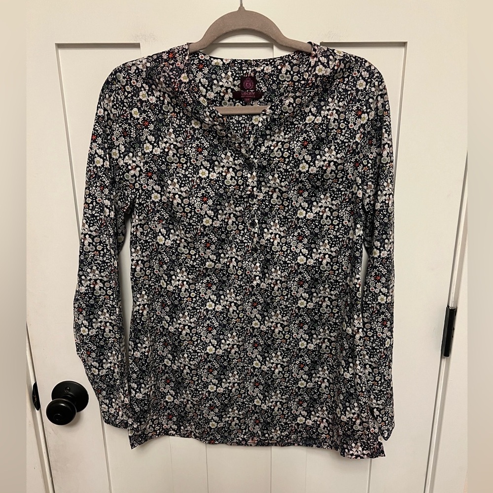 Liberty Arts Fabrics J.Crew 3/4 Button Up Cotton Blouse Meadows Springs S